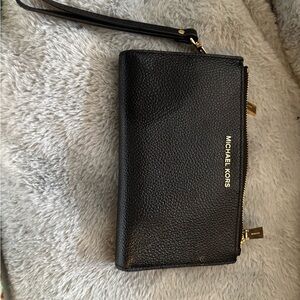 Michael Kors Black Leather Wristlet with Gold Accents